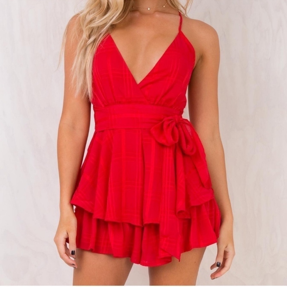 Princess Polly Theodora Romper in Red Tie Ruffle Flowy Size 4 - Picture 2 of 9